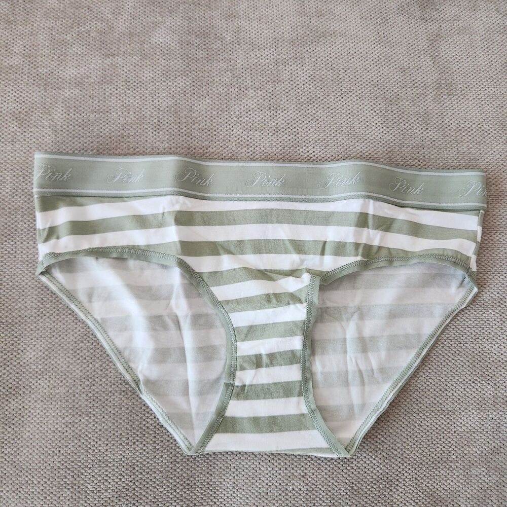 Victoria's Secret PINK Small Green Stripe Logo Cotton‎ Hiphugger Panty NWT